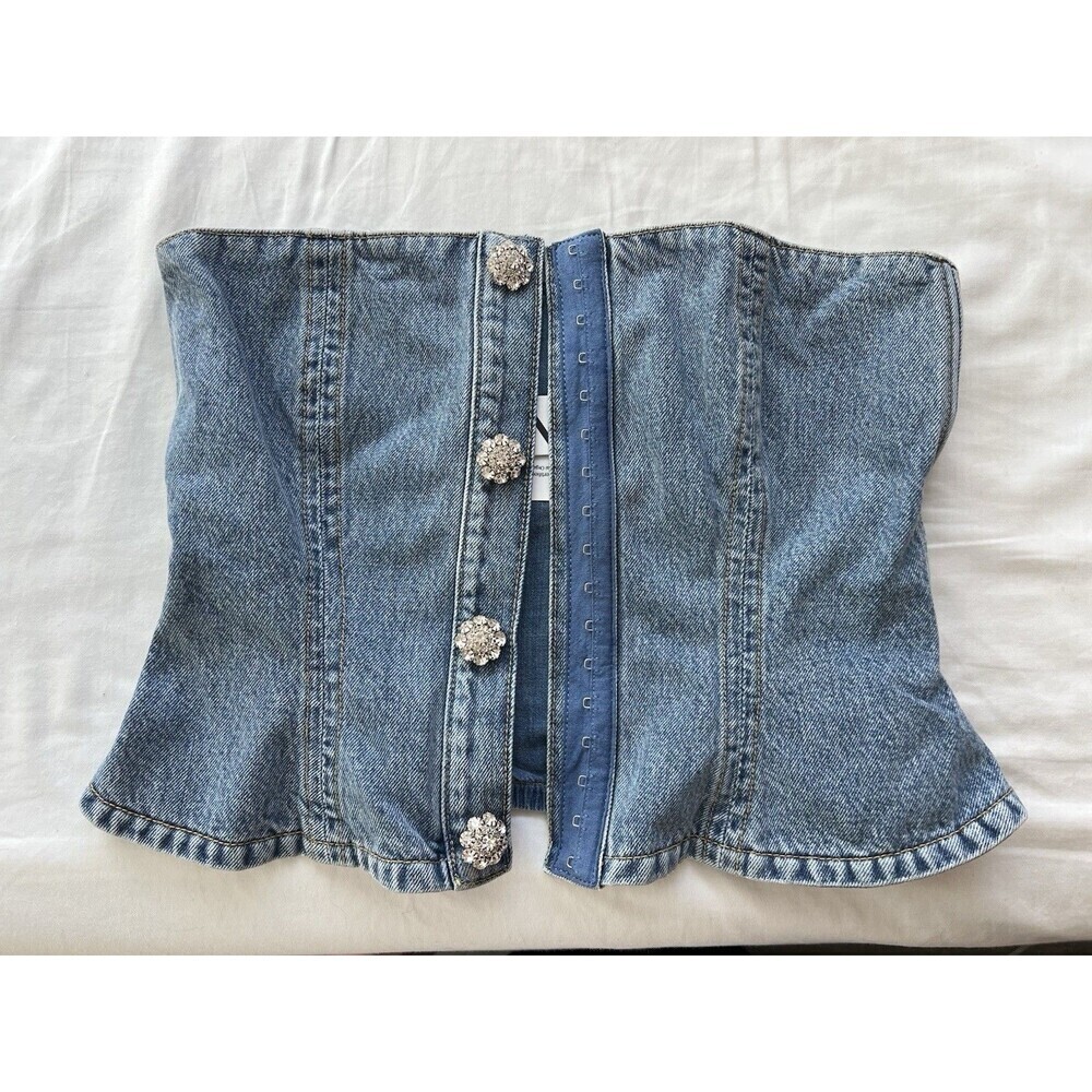 GANNI Rhinestone-Embellished Denim Bustier Blue Size 36 / US 4 Small - Picture 9 of 13
